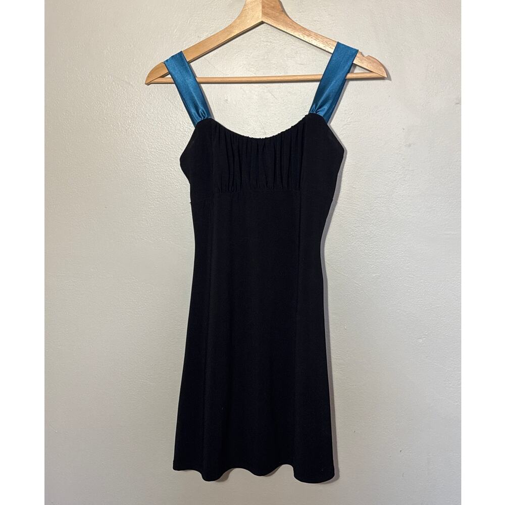 Women's Size S Taboo Y2K Vintage Black Mini Dress Blue Ribbon Straps